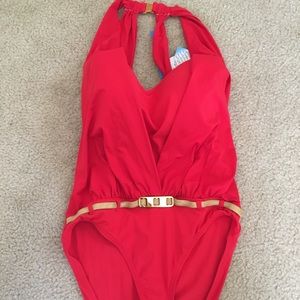 Rod Beattie red swimsuit with gold belt